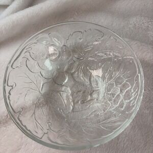 Vintage KIG Indonesia Clear Pressed Glass Grape & Leaf Bowl 6" Dessert Berry EVC